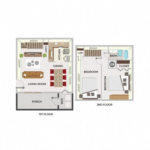 Floor plan for 2 beds, 1 bath, 888 sqft